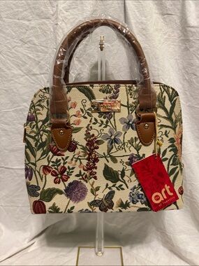 Floral Tapestry Satchel Handbag - Beige with Multicolor Floral